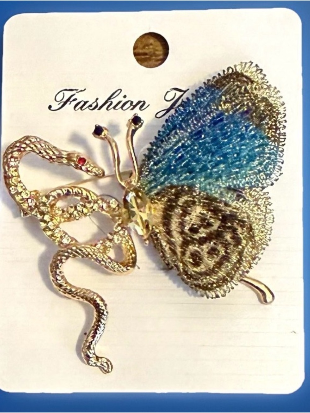 Fashion Jewelry Gold Butterfly-Snake Brooch with Blue and Tan Wings